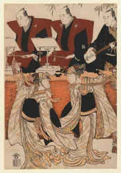 Zwei Schauspieler als Iwai Hanshiro IV und Segawa Kikunojo III im Karukoma-Tanz, begleitet von Joruri-Rezitation, ca. 1783